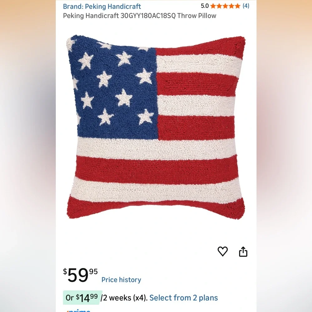 NEW PEKING HANDICRAFT usa american flag hook pillow in red, white and blue